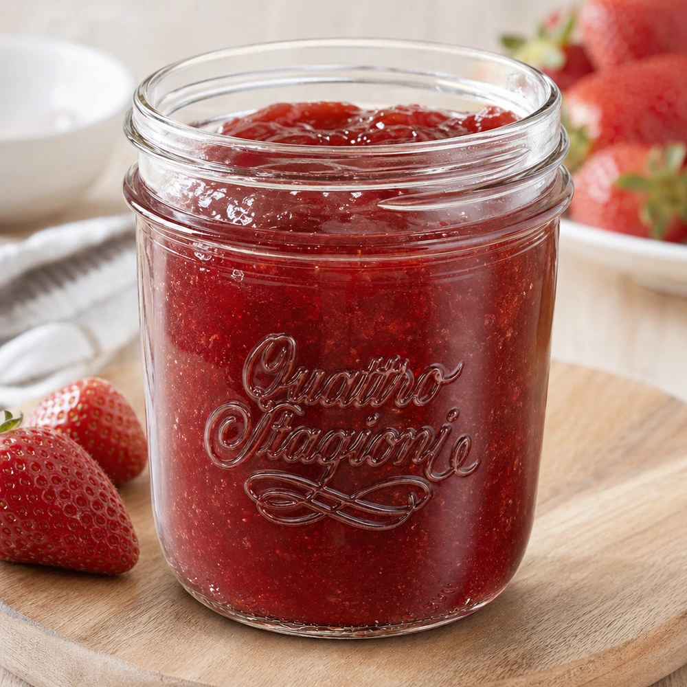 Vaso "Quattro Stagioni" 320ml QS86mm Quattro Stagioni Sturzglas 320ml mit Erdbeermarmelade gefüllt auf Holzbrett mit frischen Erdbeeren