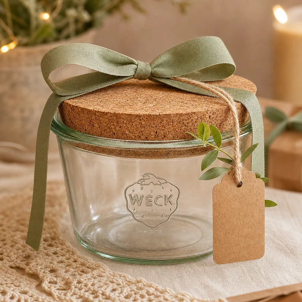 WECK vasos 370ml RR100 con tapa de corcho como regalo decorado con una cinta verde y colgante en un ambiente de sala de estar