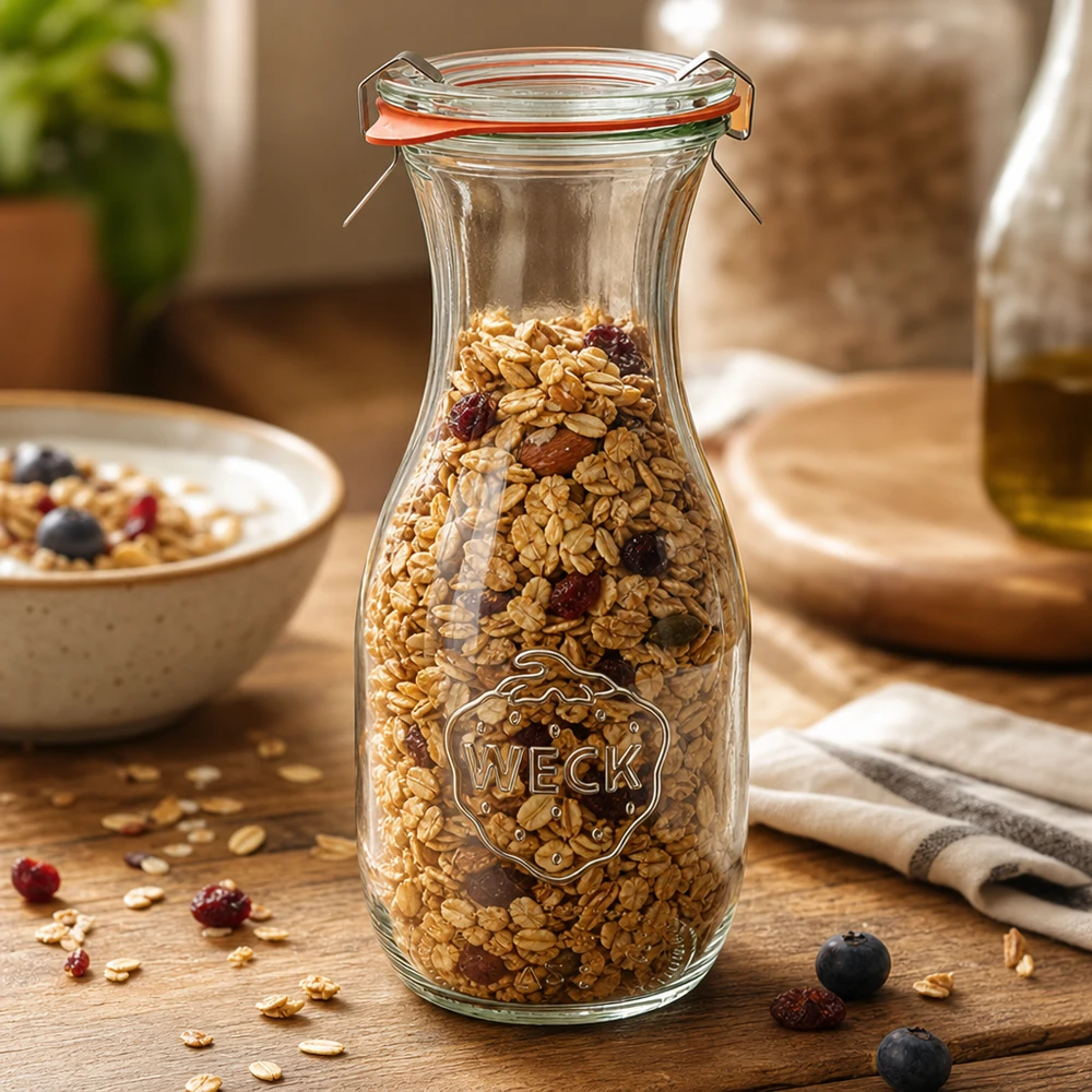 Botella para zumo de 530 ml, juego completo WECK RR60 La botella de zumo RR60 WECK de 530 ml llena de muesli muestra un almacenamiento versátil de cereales y frutos secos