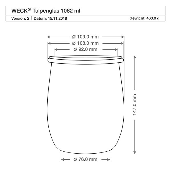 Juego de 18 tarros Weck 1062ml tulipán, vasos de 1 litro Dibujo técnico WECK tarro tulipán 1062ml RR100 con dimensiones diámetro altura para la planificación de cocinas