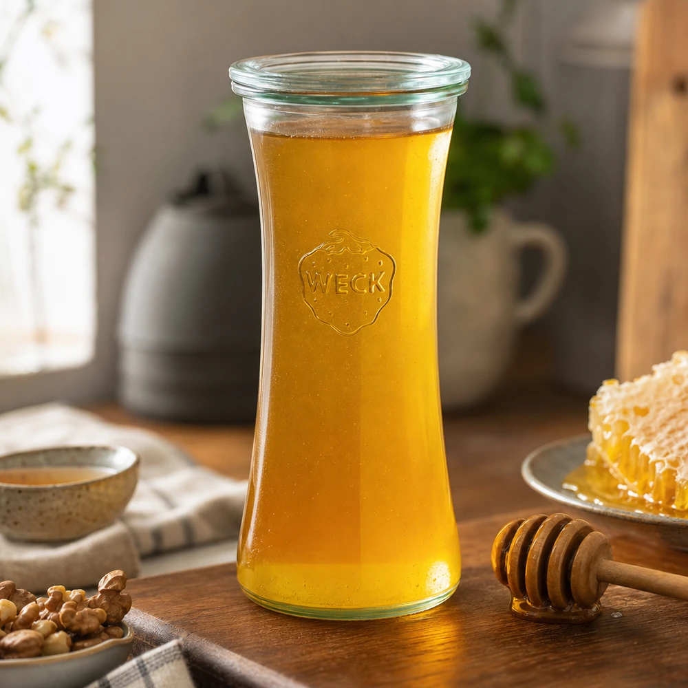 Tarro WECK delicatessen 700ml RR80 lleno de miel junto a panal y cuchara de miel en acogedora cocina