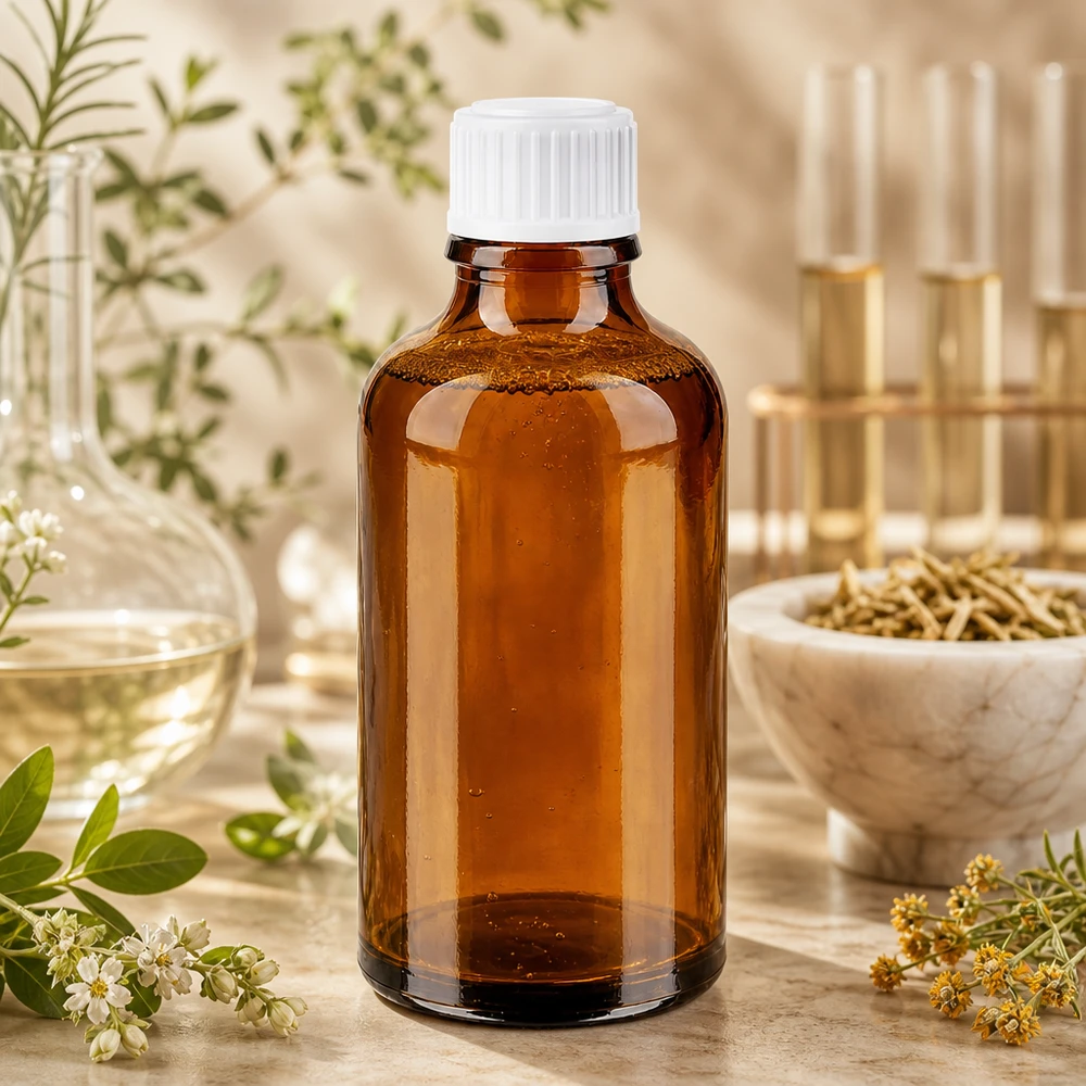 Frasco de farmacia de 50 ml de color ámbar con tapón de rosca blanco, entre hierbas medicinales y material de laboratorio