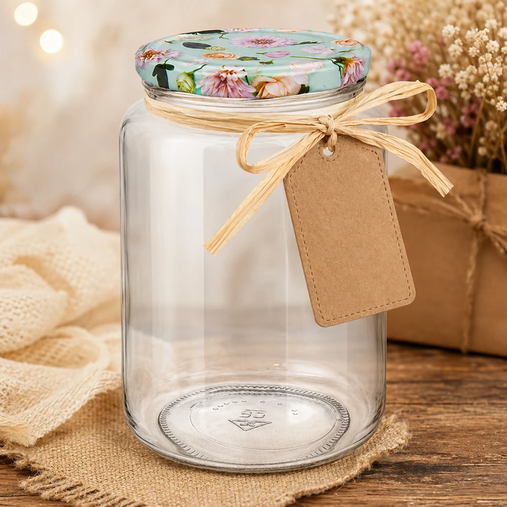 Tarro redondo de 795 ml con cinta y etiqueta de regalo, tapa de flor de menta para ideas creativas de regalos DIY