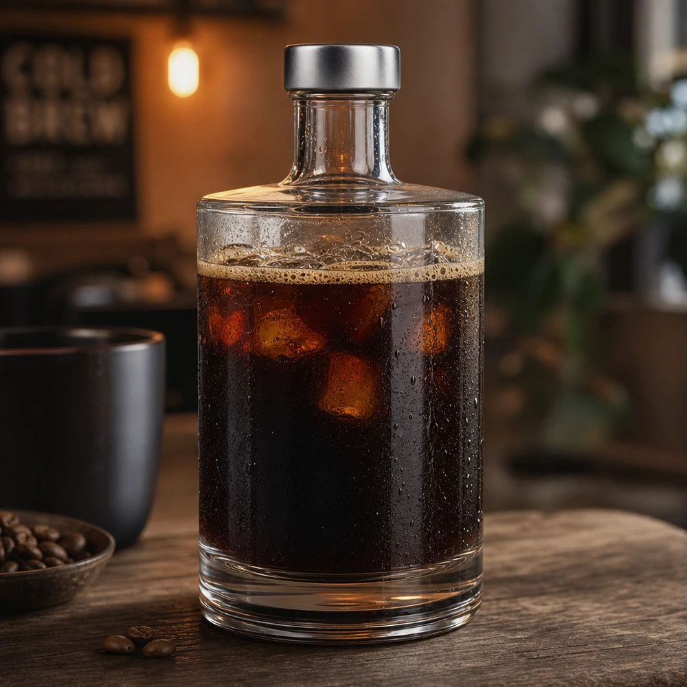 Botella de cristal de 500 ml Sam llena de café cold brew sobre mesa de madera junto a granos de café acogedor ambiente de cafetería