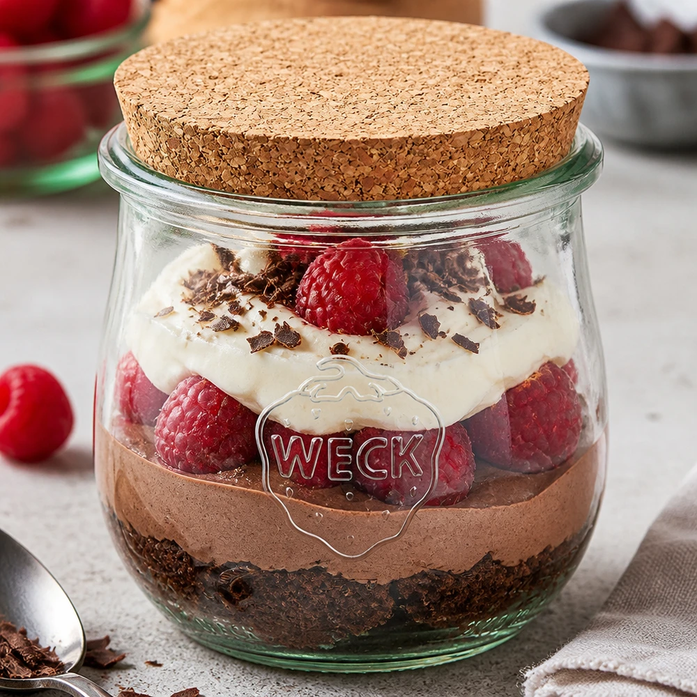 Tarro tulipa 370ml WECK RR80 con corcho natural Tarro WECK 370ml RR80 con tapa de corcho como tarro de postre para postre en capas con crema de chocolate y frambuesas