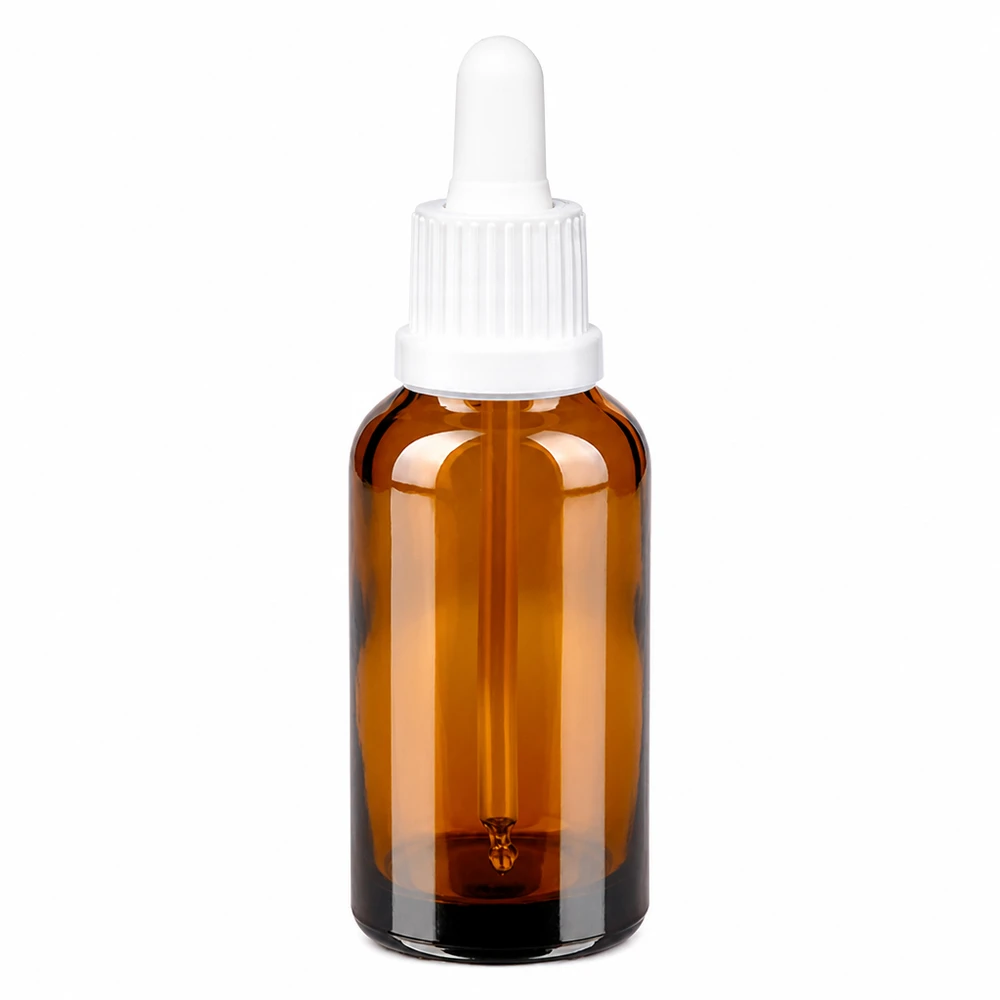 Frasco pipeta de 30 ml de vidrio marrón con tapón cuentagotas blanco para aceites esenciales