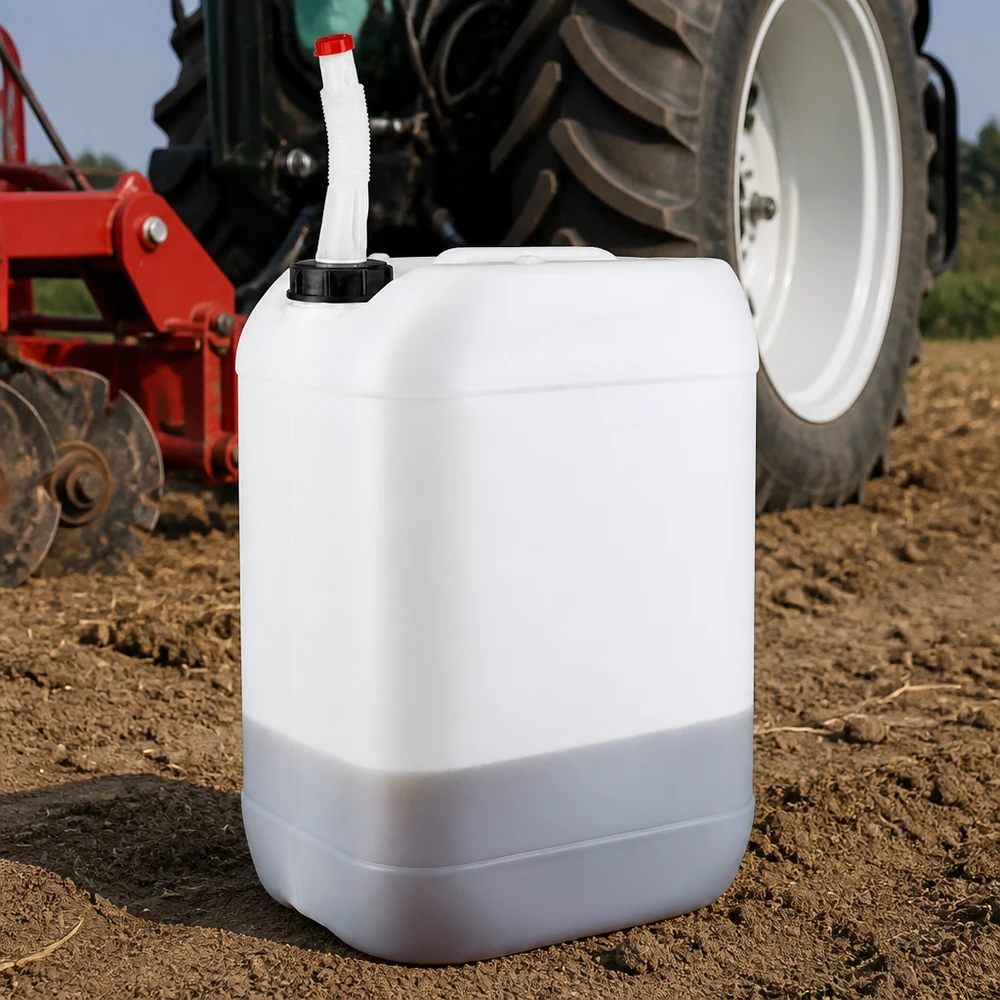 Bidón agrícola de 25 litros con tubo de salida flexible, situado delante del tractor en un campo de cultivo