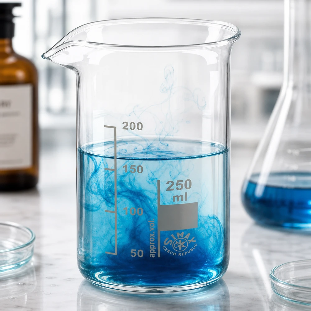 Vaso de 250 ml de vidrio borosilicato, alto Vaso de precipitados de 250 ml, de forma alta, con un líquido azul y nubes de colorante en un entorno de laboratorio