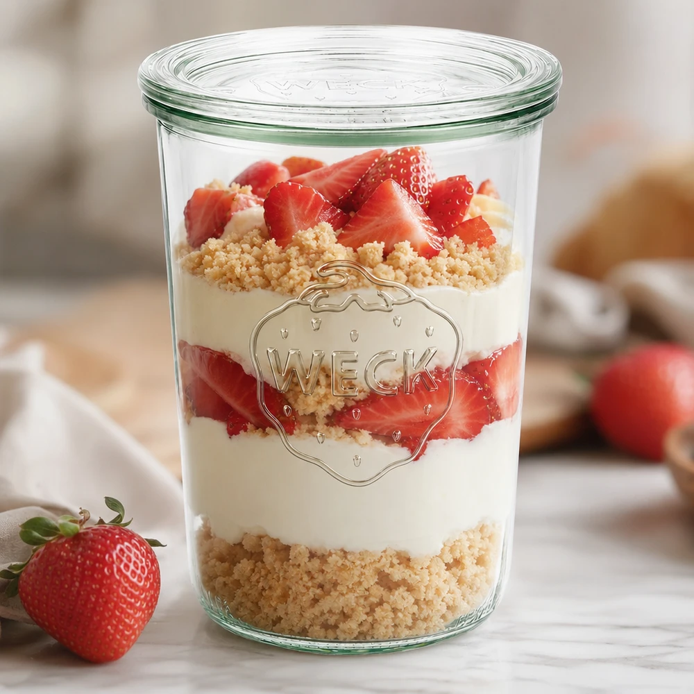 Tarro de cristal de 850 ml con tapa de cristal WECK RR100 WECK Sturzglas 850ml RR100 als stylisches Dessertglas mit Erdbeeren und Creme zeigt moderne Tischpräsentation