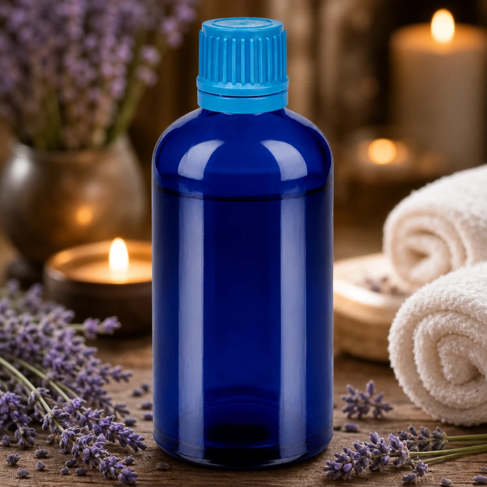 Frasco de vidrio azul de 100 ml de alta calidad con tapón de 11 mm a prueba de manipulaciones para aromaterapia