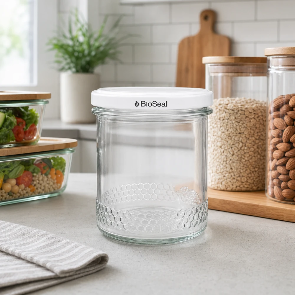 Tarro de miel de 400 ml vacío con tapa blanca BioSeal en una cocina moderna junto a tarros de almacenaje para un almacenamiento versátil.