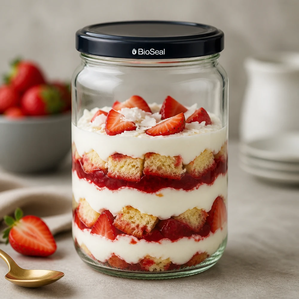 Tarro UNiTWIST Runda305 con llovizna en capas y tapa BioSeal negra lleno de fresas y nata de postre