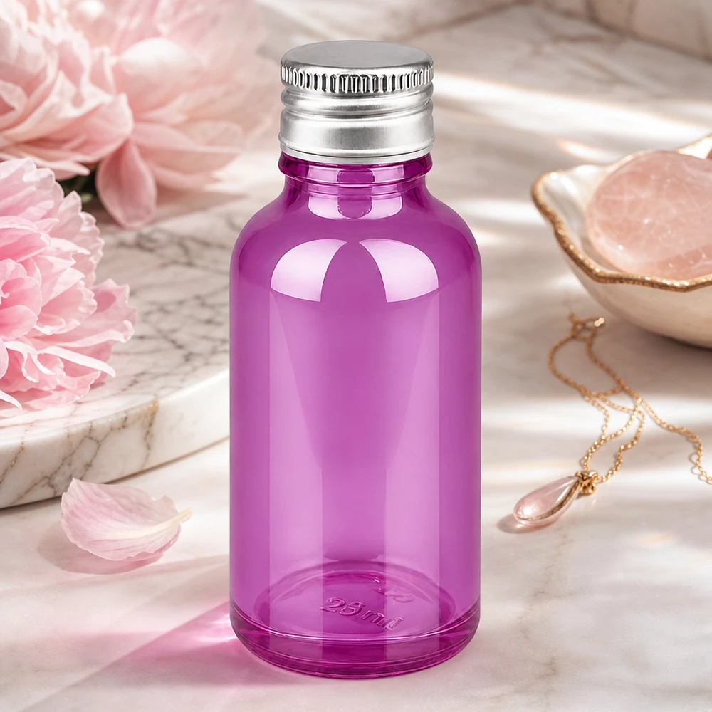 Frasco 30ml tapón rosca 11mm aluminio-plata estándar PurpleLine.UT18/30 Frasco de vidrio violeta transparente de 30 ml con tapón de aluminio brillante para aromaterapia