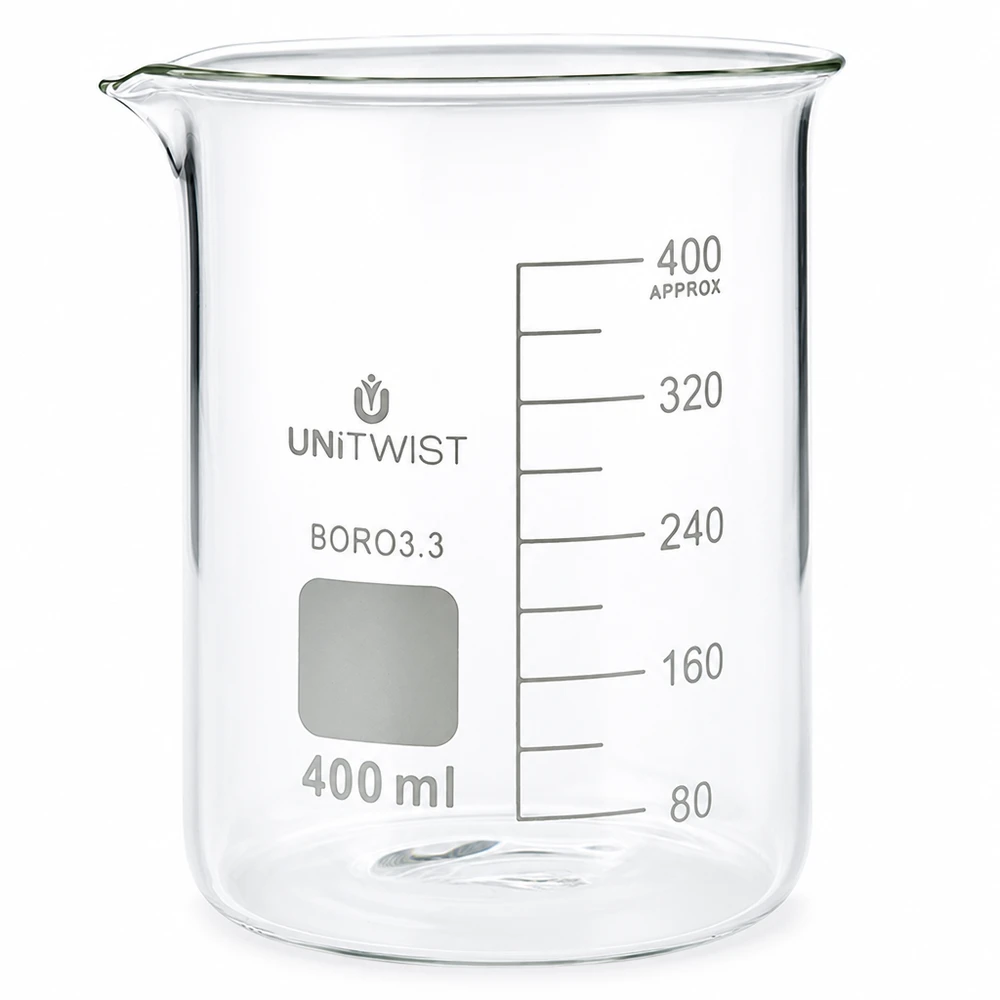 Vaso de precipitados de 400 ml de borosilicato, de forma baja, de UNiTWIST, con escala milimétrica