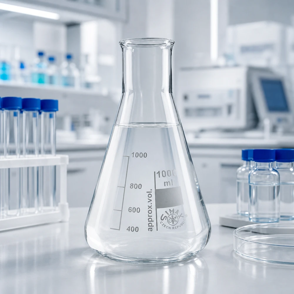 Erlenmeyer 100ml cuello ancho Matraz Erlenmeyer transparente 100ml cuello ancho en material de laboratorio profesional con tubos de ensayo