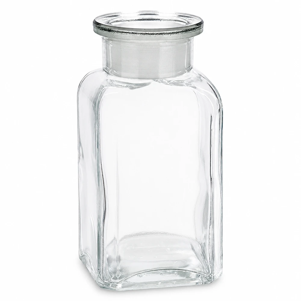 Botella cuadrada 100 ml tapón de vidrio transparente de cuello ancho Frasco cuadrado de 100 ml, transparente, con tapón de cristal y cuello ancho, para laboratorio y farmacia