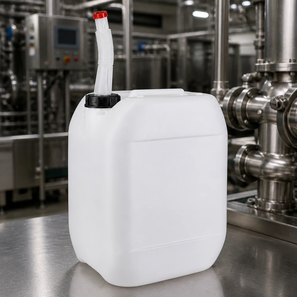 Bidón de HDPE apto para uso alimentario de 10 litros con tubo de salida flexible para una dosificación segura de líquidos