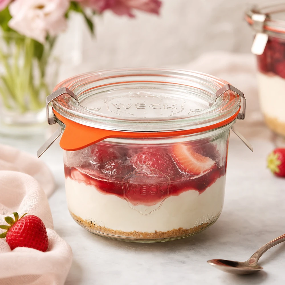 Vasos WECK 200ml RR80 rellenos de postre de fresa como tarro de porciones para tiramisú y postres dulces