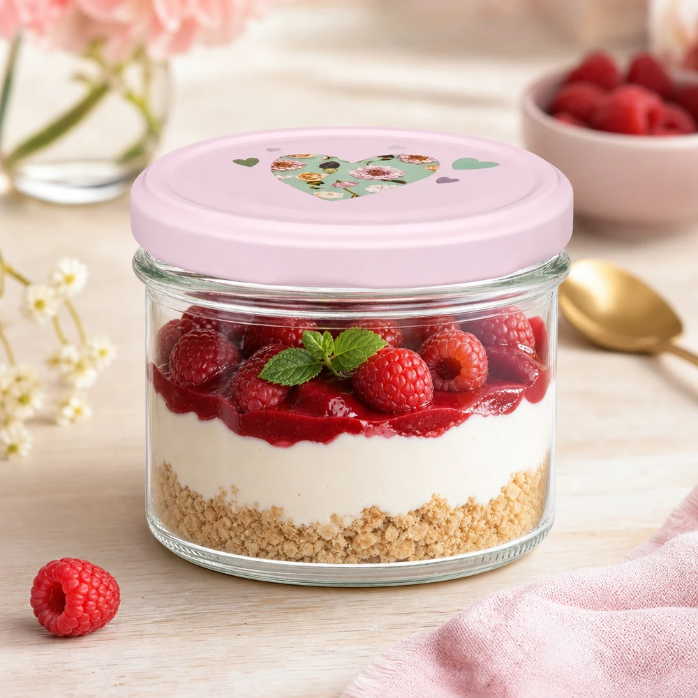 Vasos de 225 ml + tapa BasicSeal rosa corazón UNiTWIST Postre en capas con frambuesas en un vaso de 225 ml con tapa de corazón BasicSeal rosa como vaso de postre sobre una tabla de madera