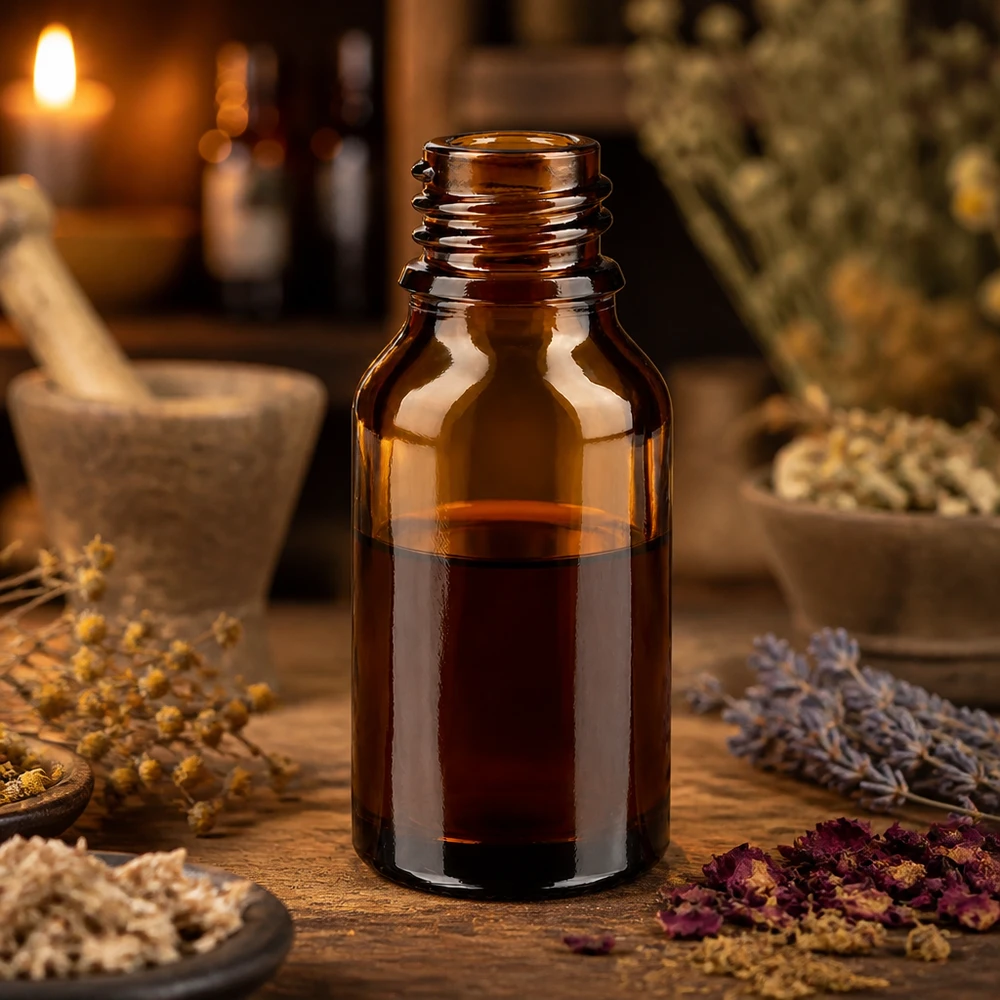 Frasco de farmacia marrón ApoGlas de 15 ml lleno de líquido oscuro rodeado de hierbas medicinales secas y mortero