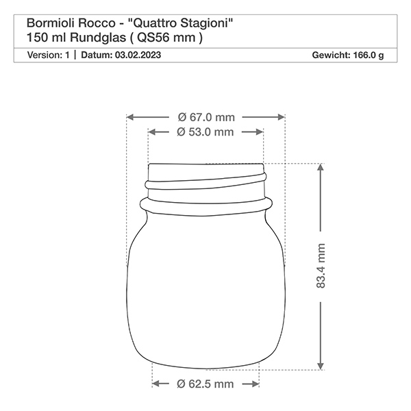 Tarro redondo de 150 ml "Quattro Stagioni" con tapa Vaso redondo de 150 ml Quattro Stagioni Bormioli Rocco dibujo técnico con dimensiones y peso 166 g