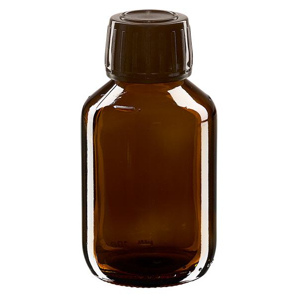Frasco medicamento 100ml marrón, tapón marrón con precinto de seguridad ApoGlas Frasco medicamento 100ml marrón, tapón marrón con precinto de seguridad ApoGlas