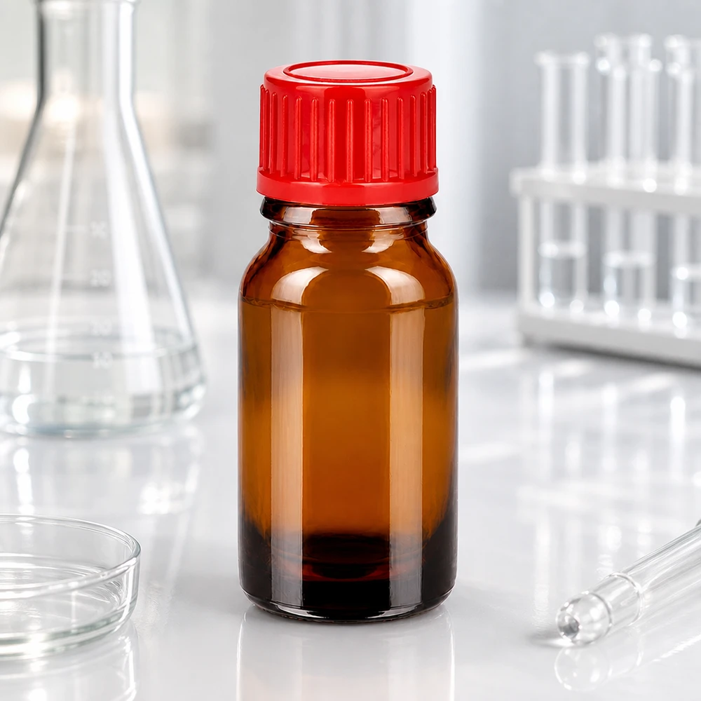Frasco de laboratorio BrownLine de 10 ml de vidrio oscuro con tapón rojo para sustancias químicas