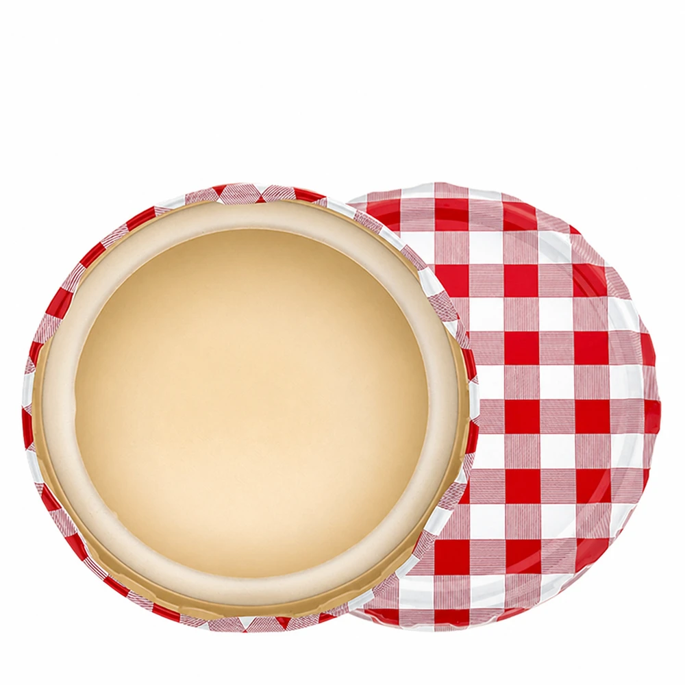 Tapa BasicSeal abierta de 82 mm (TO82) con diseño de cuadros rojos que deja ver la junta amarilla en el interior