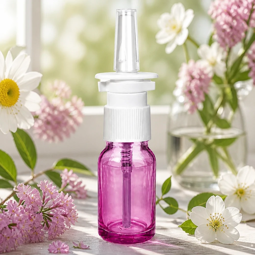 Frasco pulverizador nasal de 10 ml blanco/transparente estándar PurpleLine. UT18/10 Frasco pulverizador nasal de 10 ml con rosca STD UT18/10 en púrpura transparente para una dosificación precisa