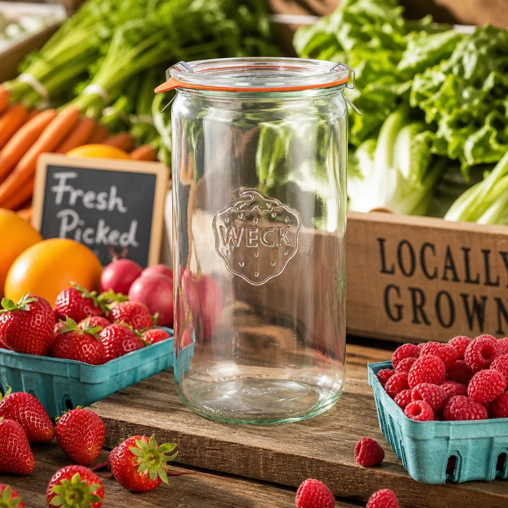 WECK tarro cilíndrico 1590ml RR100 vacío sobre mesa de madera con bayas frescas verduras ambiente de puesto de mercado productos locales