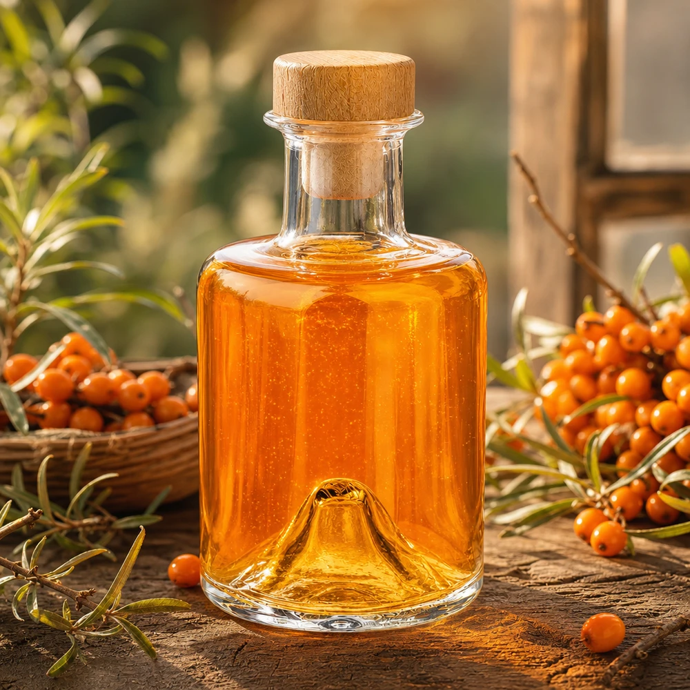 Botella de cristal Sofía de 200 ml con tapón de madera llena de aceite de color naranja junto a bayas de espino amarillo sobre una mesa de madera