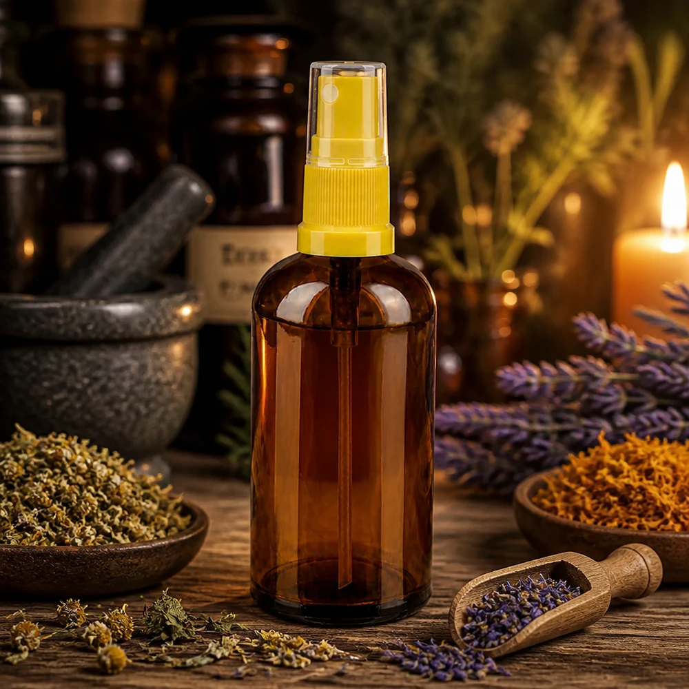 Frasco pulverizador de 100 ml amarillo/transparente con tapón estándar BrownLine UT18/100 Frasco pulverizador marrón de 100 ml con mecanismo de bombeo amarillo para el cuidado natural de la piel y mezclas aromáticas