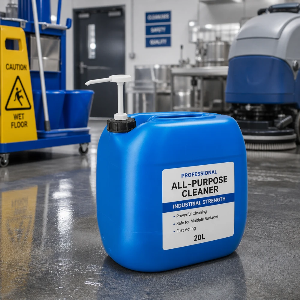 Bidón azul de gran capacidad (30 litros) con dosificador de bomba para uso profesional en limpieza