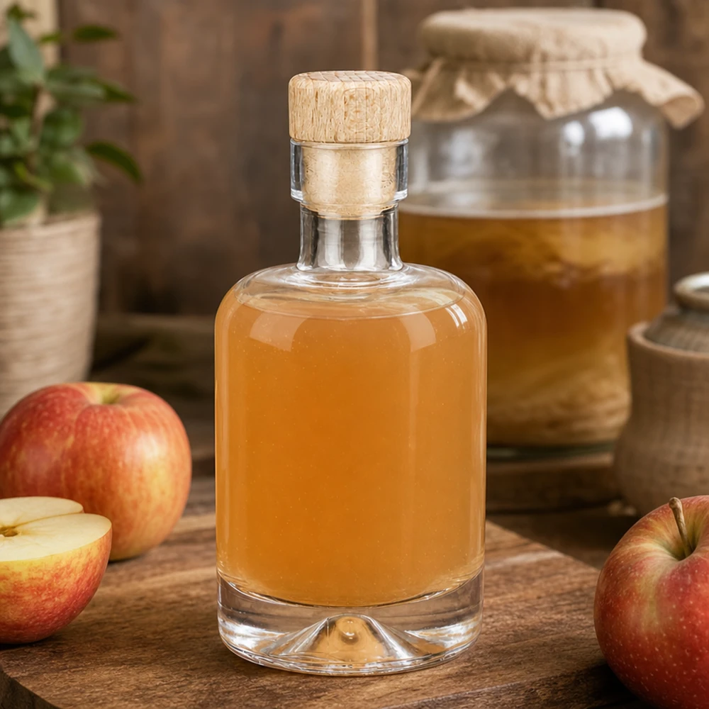 Botella de vidrio de 50 ml «Amelie» con tapón de corcho con asa de madera UNiTWIST Botella de cristal de 50ml Amelie rellena de aguardiente de manzana entre manzanas frescas y tarro de miel rústico decorado sobre mesa de madera