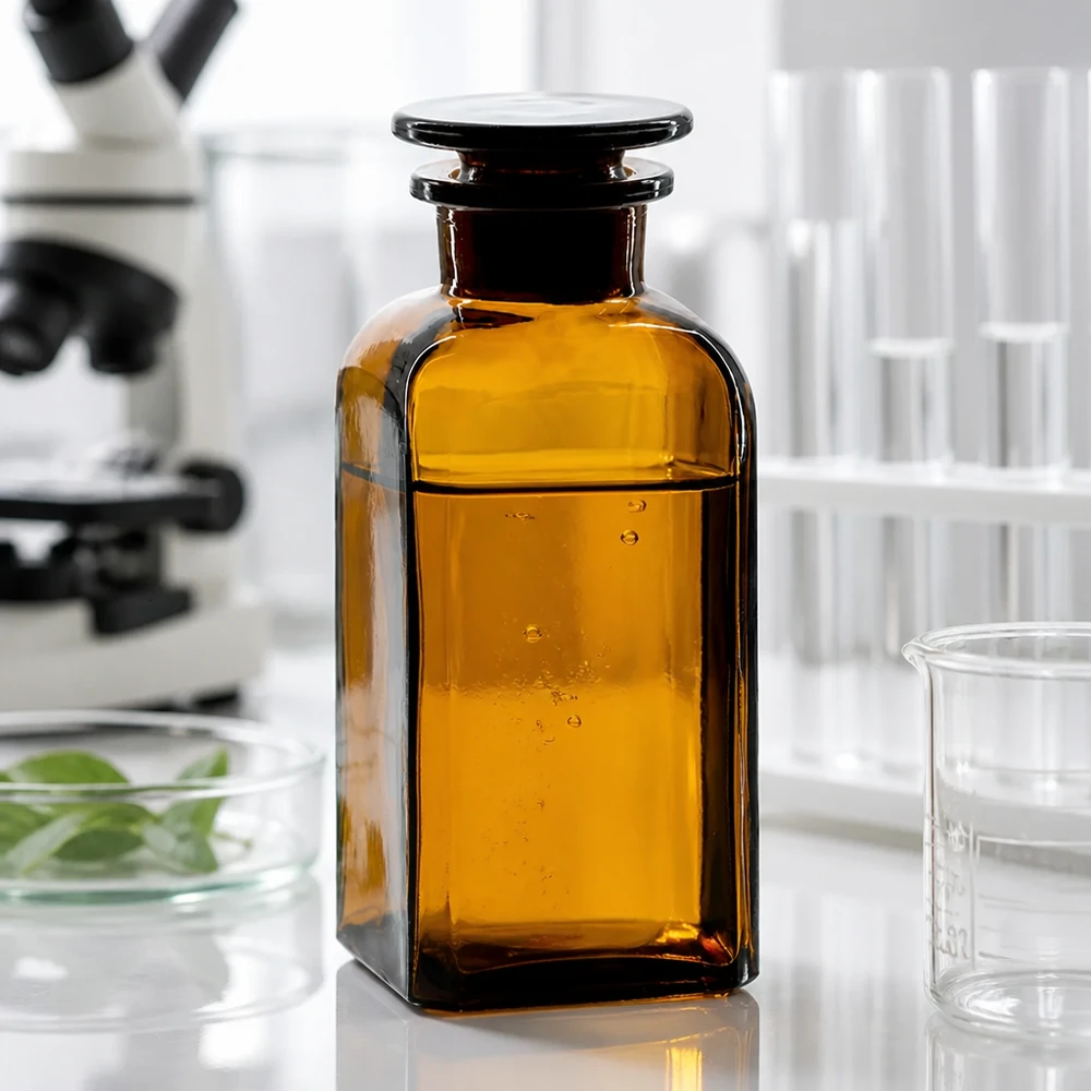 Frasco de laboratorio de 350 ml, marrón, de sección cuadrada y con tapón de cristal, junto a un microscopio y tubos de ensayo