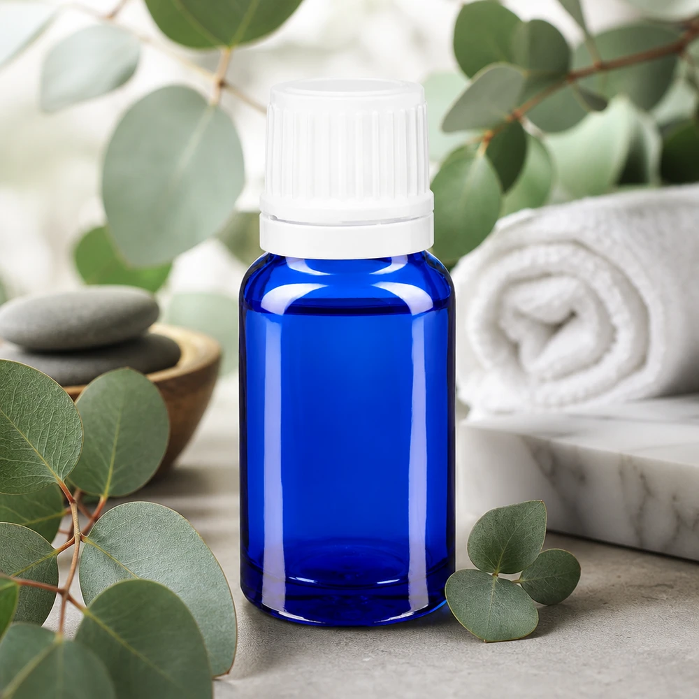 Botella de farmacia azul 10ml tapón cuentagotas 1.2mm blanco a prueba de manipulaciones Frasco cuentagotas azul cobalto de 10 ml con tapón OV blanco, delante de unas ramas de eucalipto
