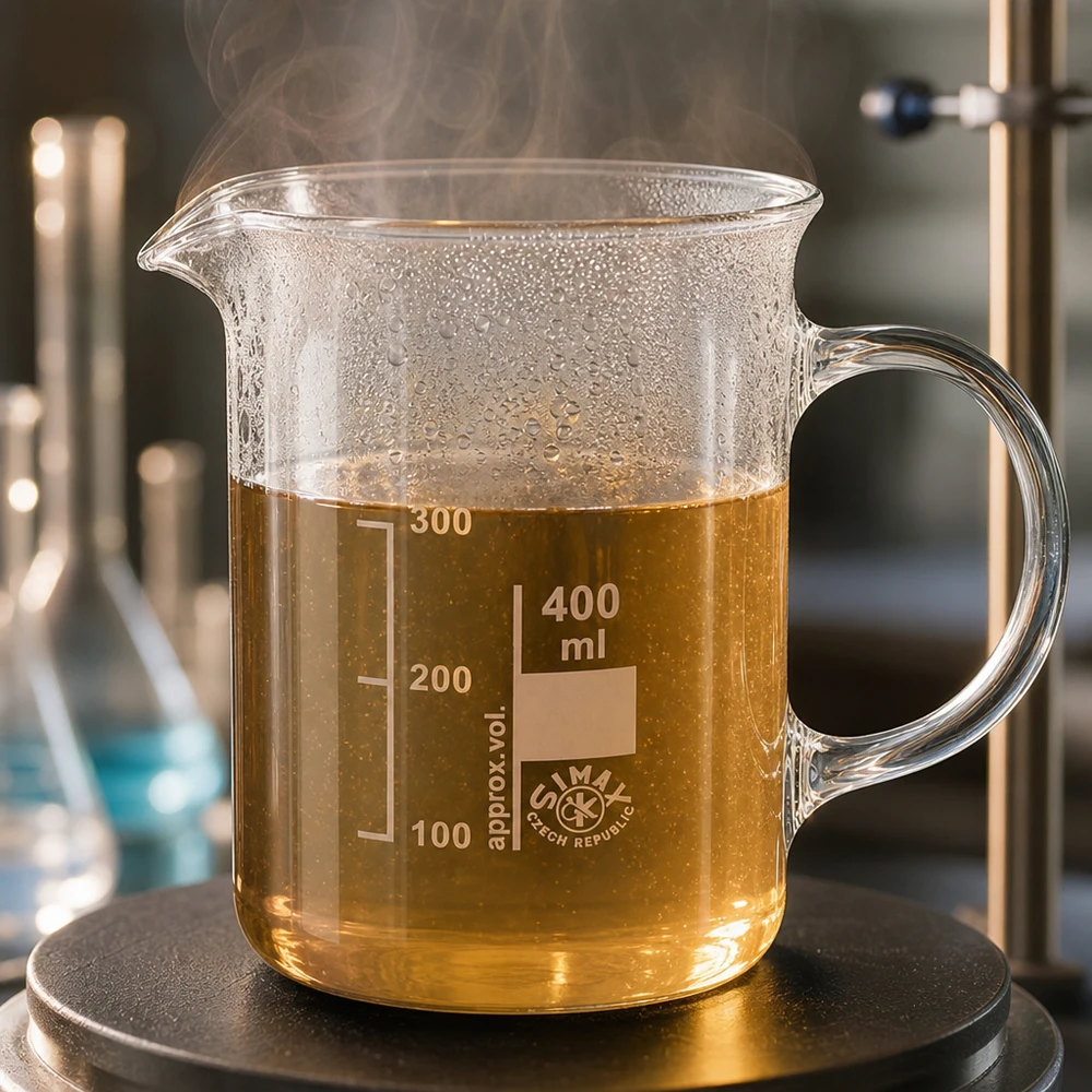 Vaso de precipitados humeante de 400 ml con asa, con una solución marrón calentada sobre una placa calefactora; vidrio borosilicato