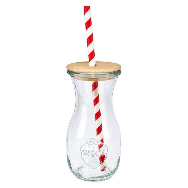 6 x WECK 290ml Saftflasche RR60 mit Holzdeckel und 100 Öko S Botella WECK 290 ml transparente con tapa de madera y pajita de papel a rayas rojas y blancas vista única