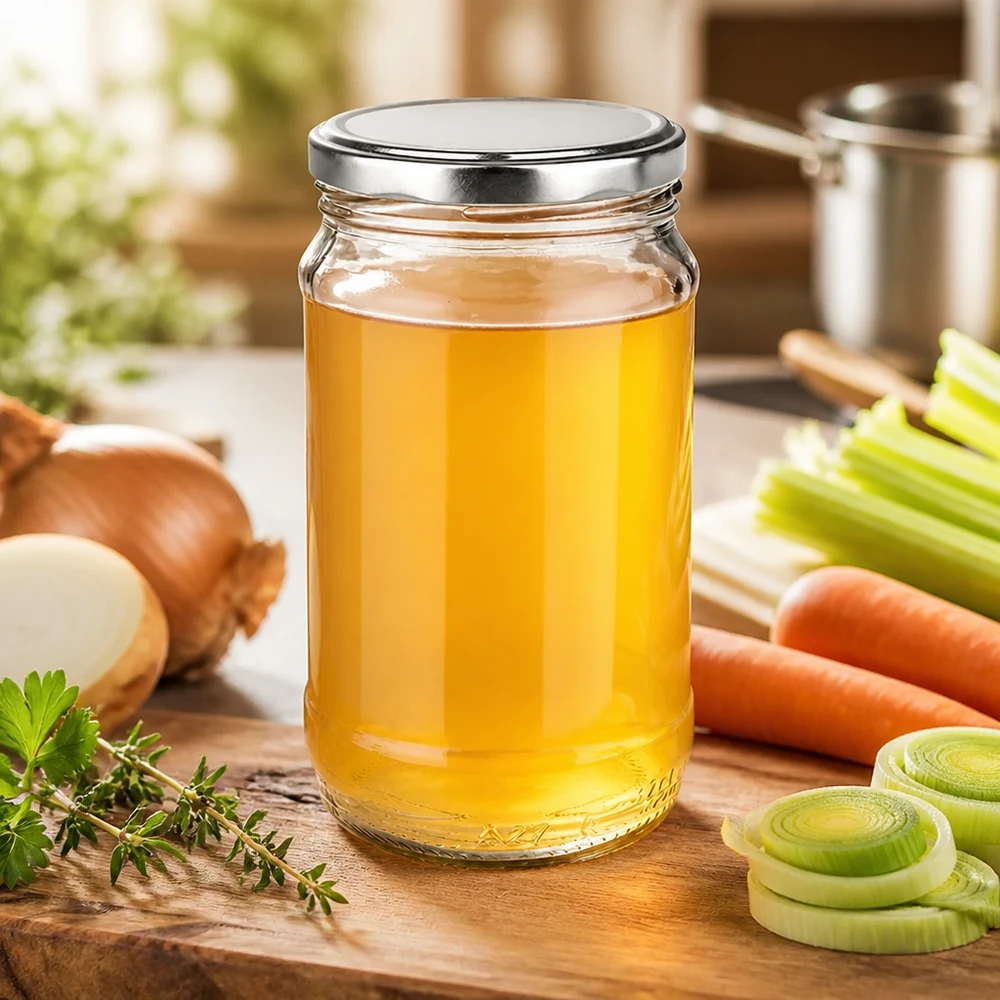 Tarro redondo de cristal UniTwist de 370 ml con tapa BasicSeal plateada, lleno de caldo de verduras dorado y verduras frescas para sopa