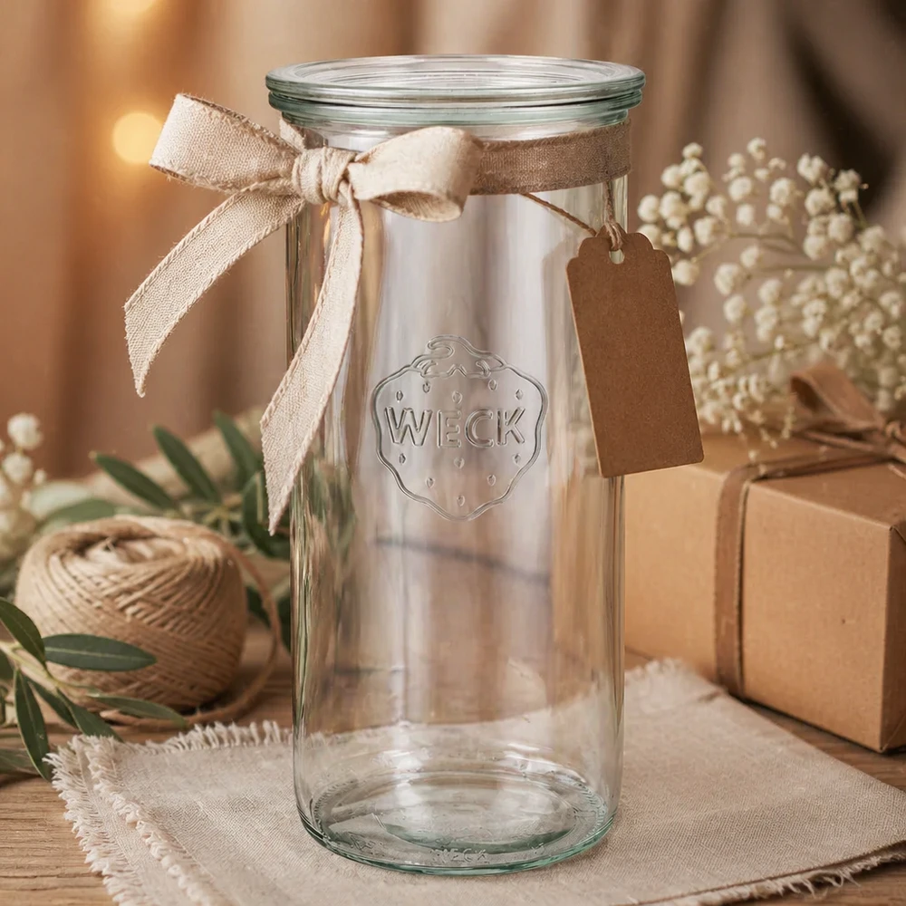 WECK 1500ml RR100 vasos de regalo decorado con una cinta de color beige y etiqueta en madera con caja de regalo