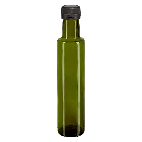 Botella de rosca de 250 ml redonda verde oliva con tapón negro Botella de rosca de 250 ml redonda verde oliva con tapón negro