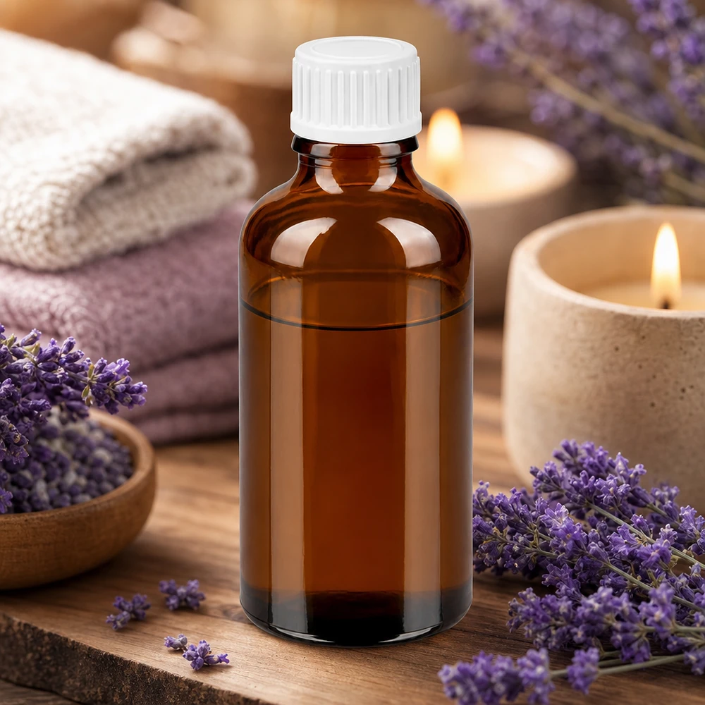 Pequeño frasco cuentagotas de 50 ml de vidrio ámbar de alta calidad con tapón de rosca blanco para aromaterapia