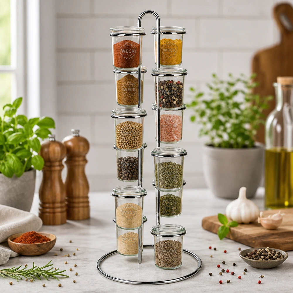 Soporte Vertico12 para 12 vasos WECK Elegante Küchenorganisation mit WECK Vertico12 Gewürzkarussell umgeben von frischen Kräutern und Kochutensilien