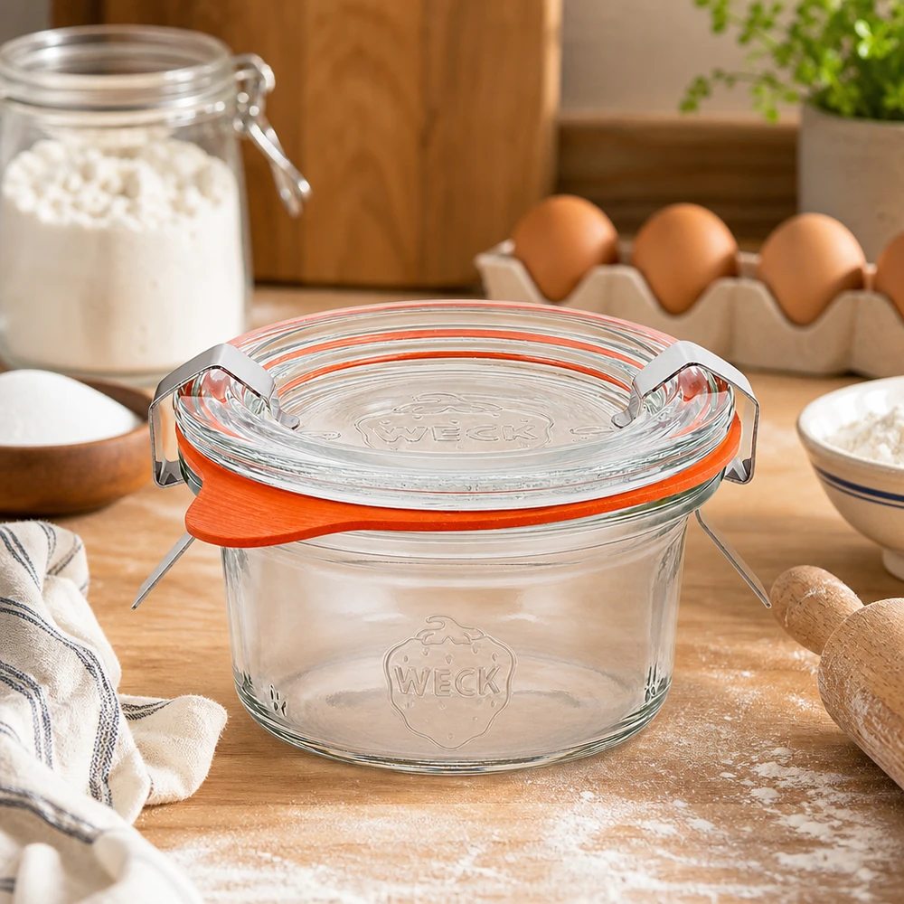 Juego completo de vasos de 50ml WECK RR60 Vasos WECK 50ml RR60 sobre encimera de madera en ambiente de repostería con harina, huevos e ingredientes de repostería como paisaje de cocina.