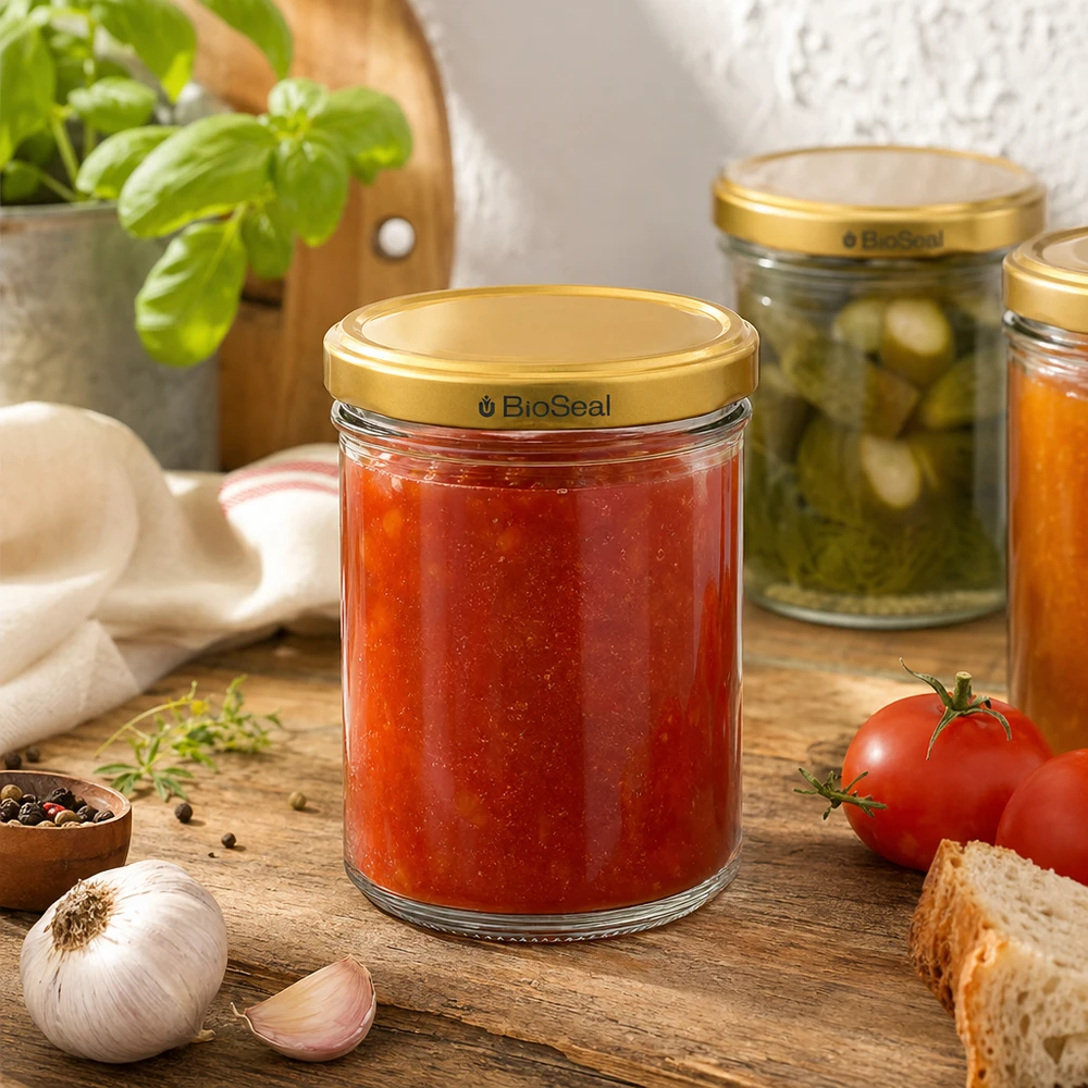 Tarro de miel de 200 g con tapa BioSeal dorada lleno de mermelada en una escena de cocina con tomates y especias