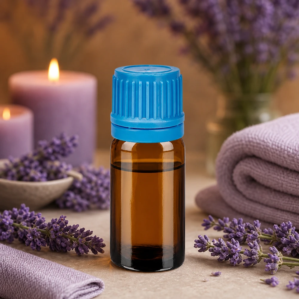Frasco de vidrio ámbar de 5 ml de alta calidad con tapón azul estriado para aromaterapia y bienestar