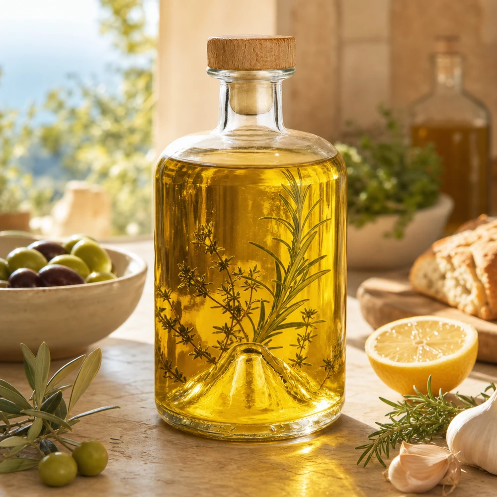 Botella de farmacia de 500 ml «Sofia» con tapón de corcho con asa de madera UNiTWIST® 500ml Glasflasche Sofia mit Kräuteröl befüllt mediterranes Ambiente mit Oliven Brot und Zitrone Küchenszene