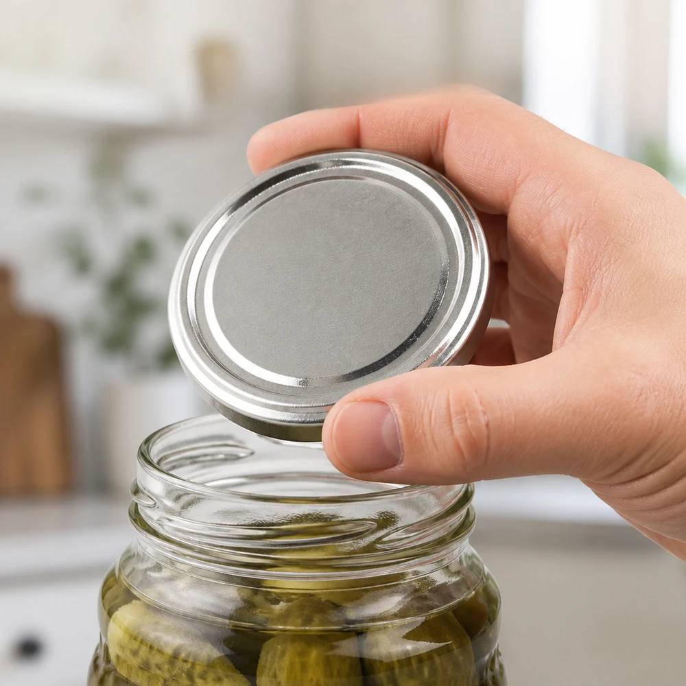 Tapa BasicSeal de 58 mm, color plata (TO58) UNiTWIST Se coloca una tapa BasicSeal de 58 mm TO58 UniTwist en un tarro de pepinillos en una cocina luminosa