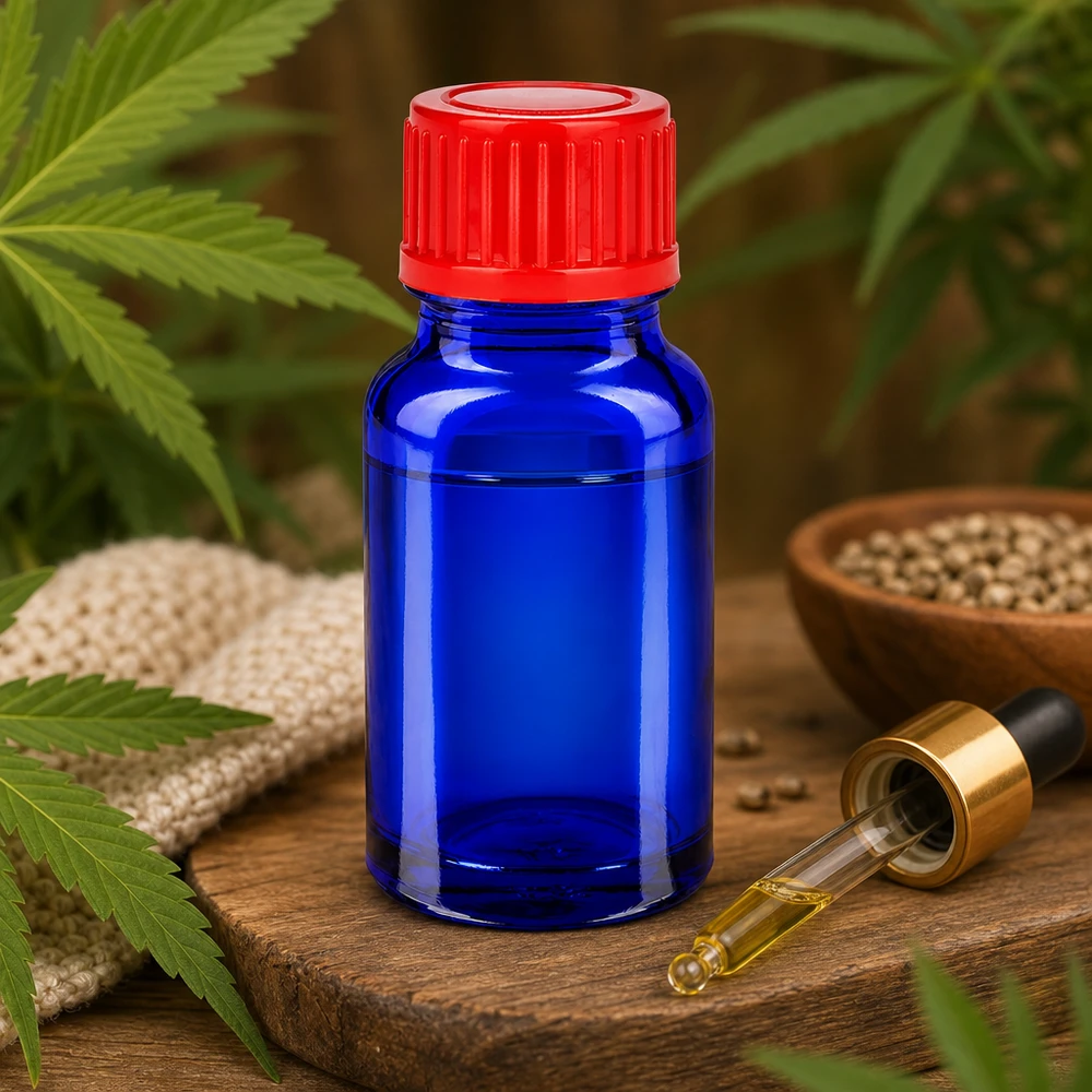 Frasco de 10 ml con tapón de rosca de 11 mm rojo estándar BlueLine UT18/10 Frasco de vidrio de alta calidad de 10 ml en azul cobalto con protección UV para sustancias fotosensibles