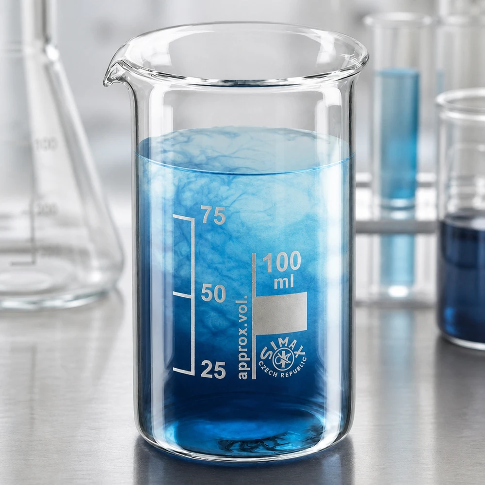 Vaso de precipitados Simax de 100 ml, de forma alta, con una solución azul y difusión visible en el laboratorio